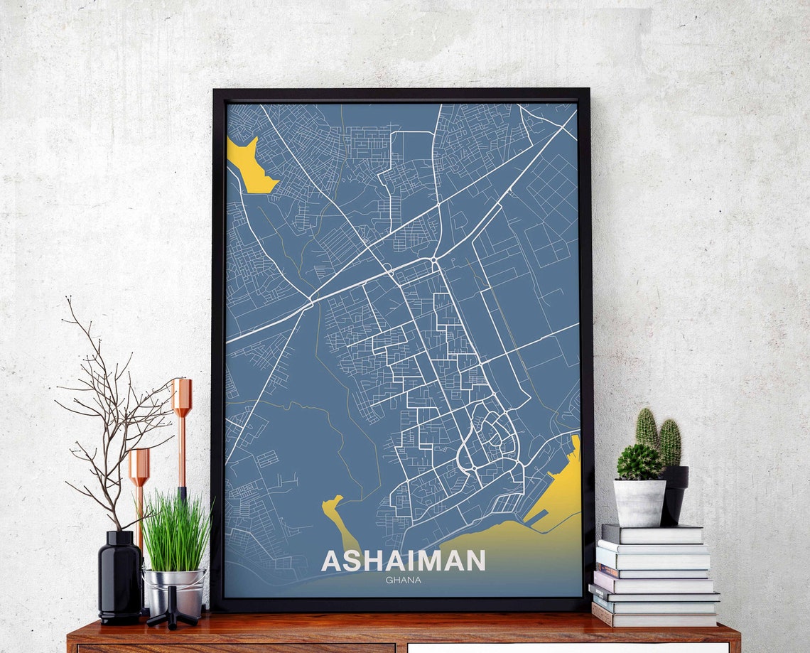 Ashaiman Ghana Modern Blue Hometown Minimal City Street Map Poster
