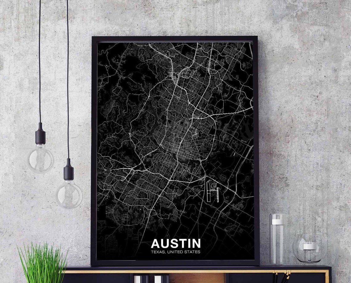 Austin Texas Map Poster, Black White Modern Art Print