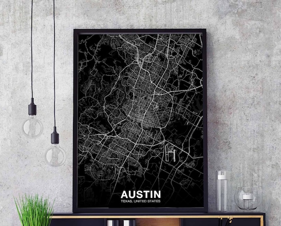 Austin Texas Map Poster, Black White Modern Art Print