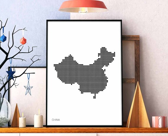 China Minimal Dots Retro Map Poster Black White Wall Decor Design Modern Swiss Scandinavian Nordic Housewarming Travel
