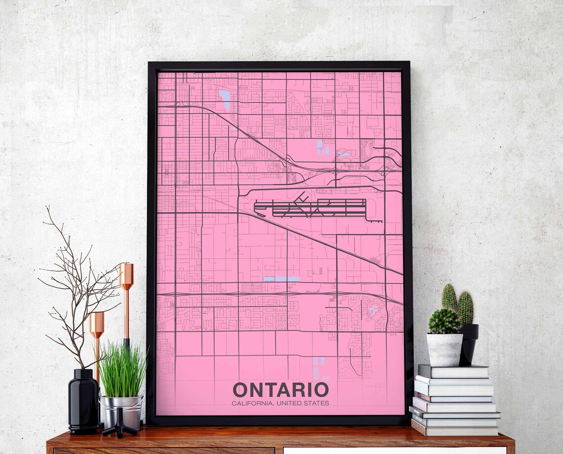 Ontario California Street Map Pink Airport Modern City Art Poster