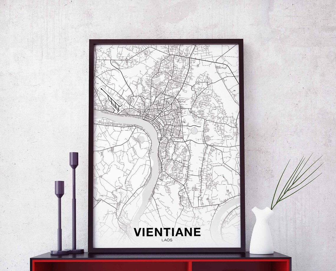 Vientiane Laos Capital City Map Minimalist Black White Decor Poster