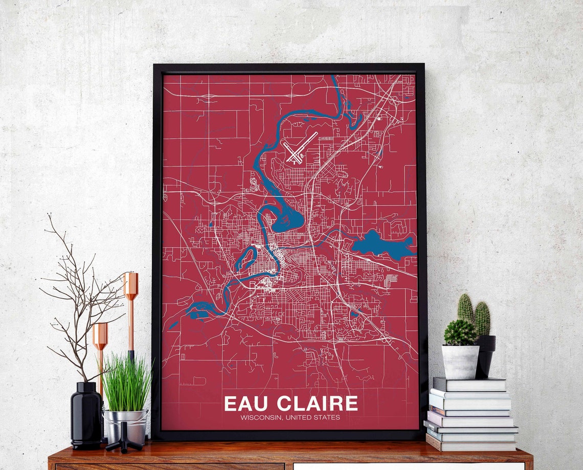 Bold Eau Claire Wisconsin Crimson City Street Map Modern Poster