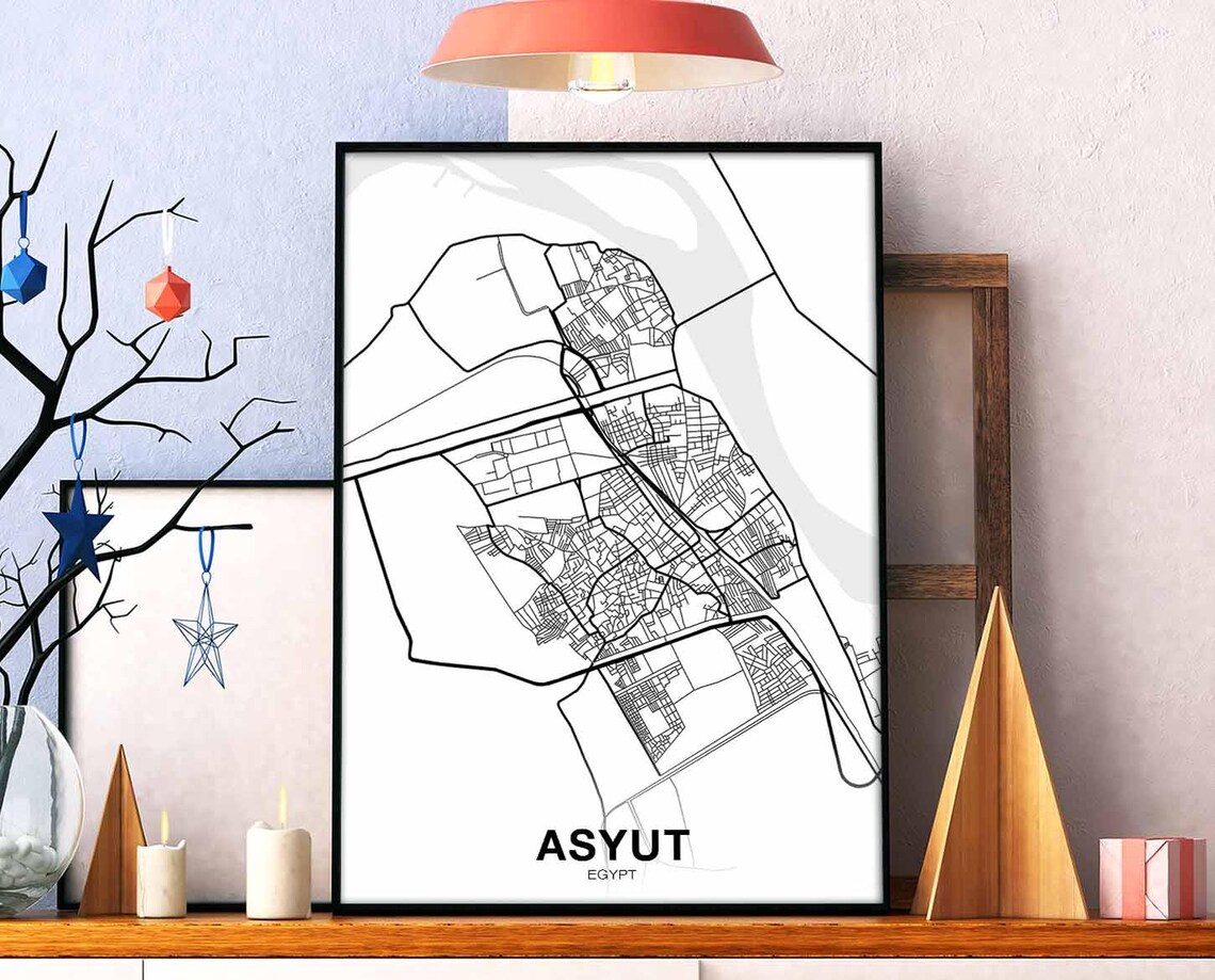 Asyut Egypt Black And White Minimalist Modern City Map Travel Poster