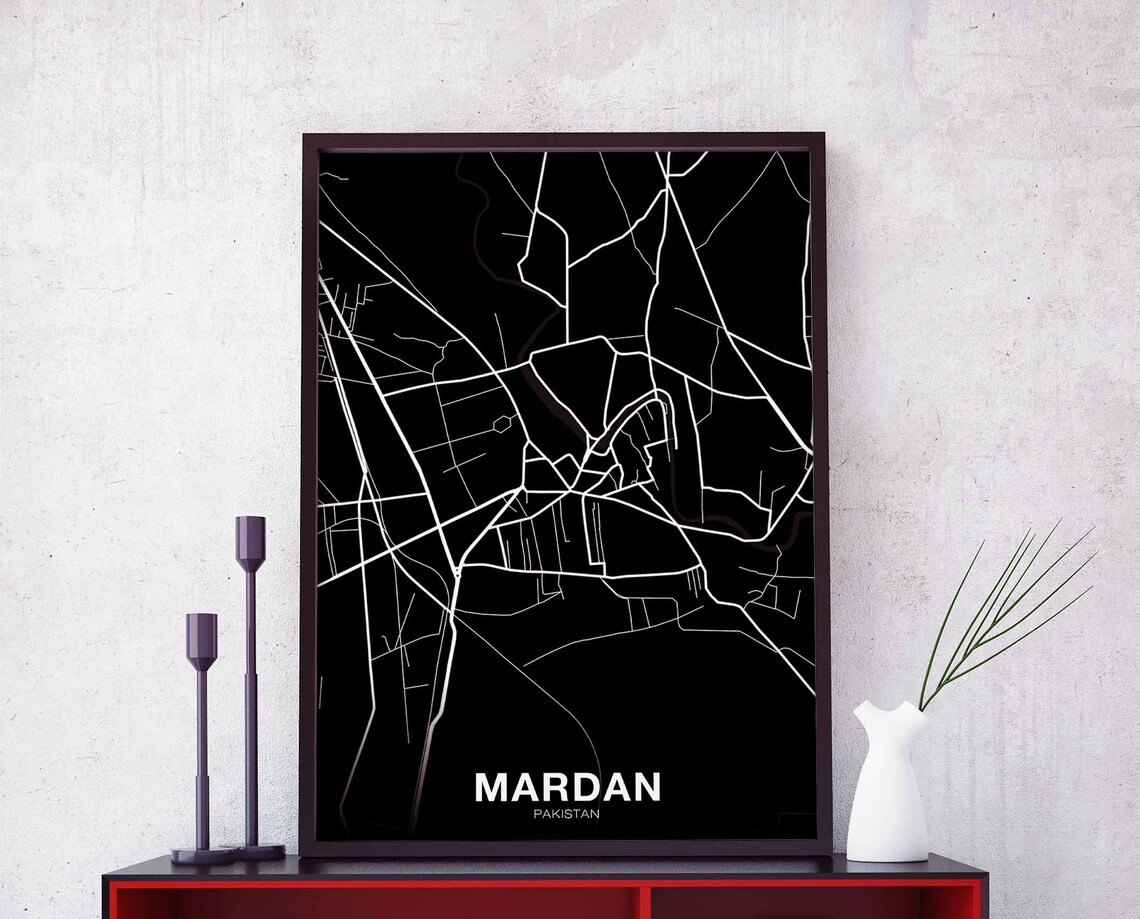 Mardan Pakistan Map Poster, Modern Wall Art Print