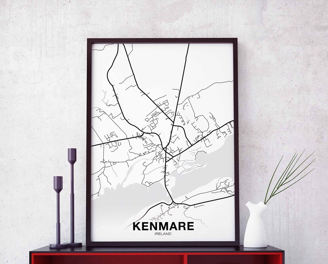Kenmare Ireland Street Map Poster Black White Minimalist Art
