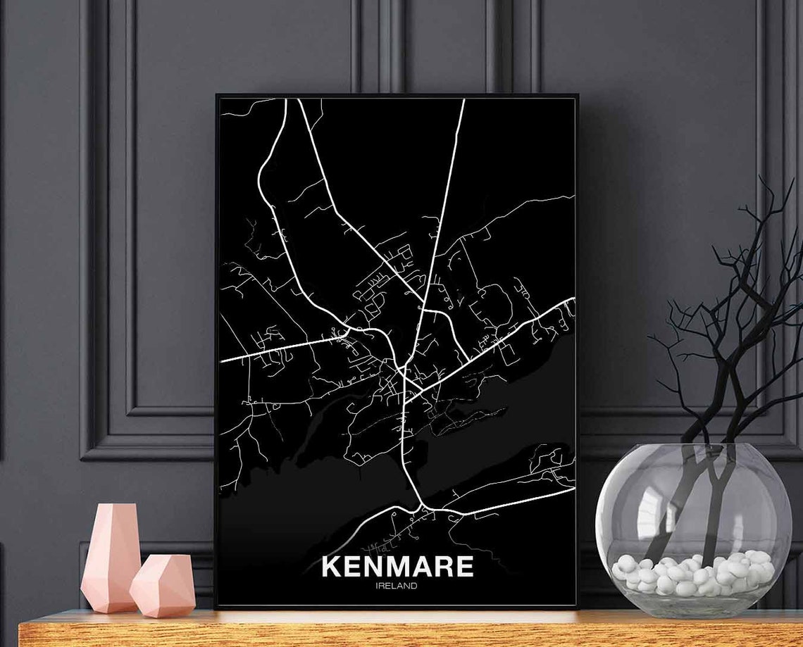 Kenmare Ireland Minimalist White Line Street Map Black Art Poster