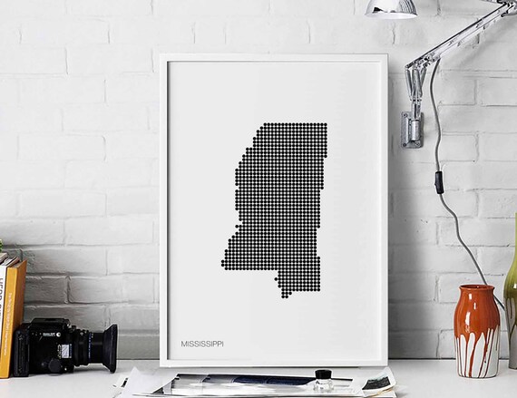 Mississippi Us State Minimal Dots Retro Map Poster Black White Wall Decor Design Modern Swiss Scandinavian Nordic Housewarming Travel