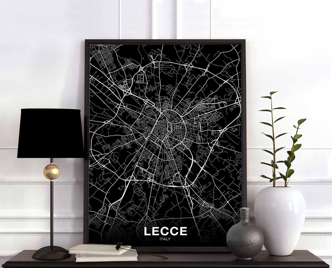Lecce Italy Street Map Black Background Modern City Poster Art