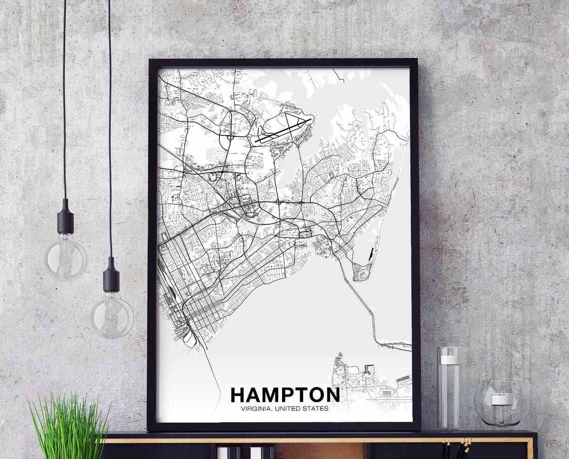 Hampton Virginia Street Map Black White Modern City Art Poster