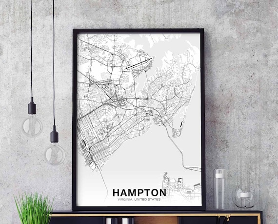 Hampton Virginia Va Usa Map Poster Black White Hometown City Print Modern Home Decor Office Decoration Wall Art Dorm Bedroom Gift