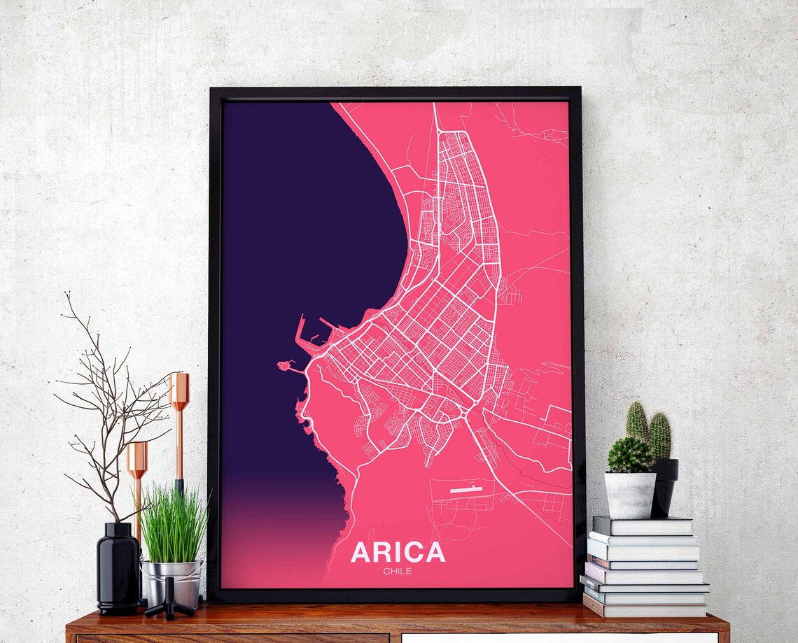 Beautiful Arica Chile Vibrant Pink Coastal City Street Map Poster