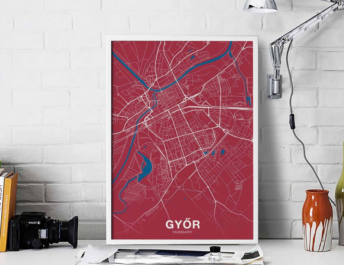 Győr Hungary Deep Red Modern City Street Map Bold Travel Poster