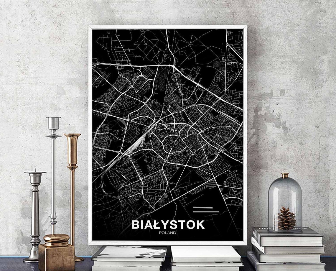 Bialystok Poland White on Black Modern Street Map City Poster