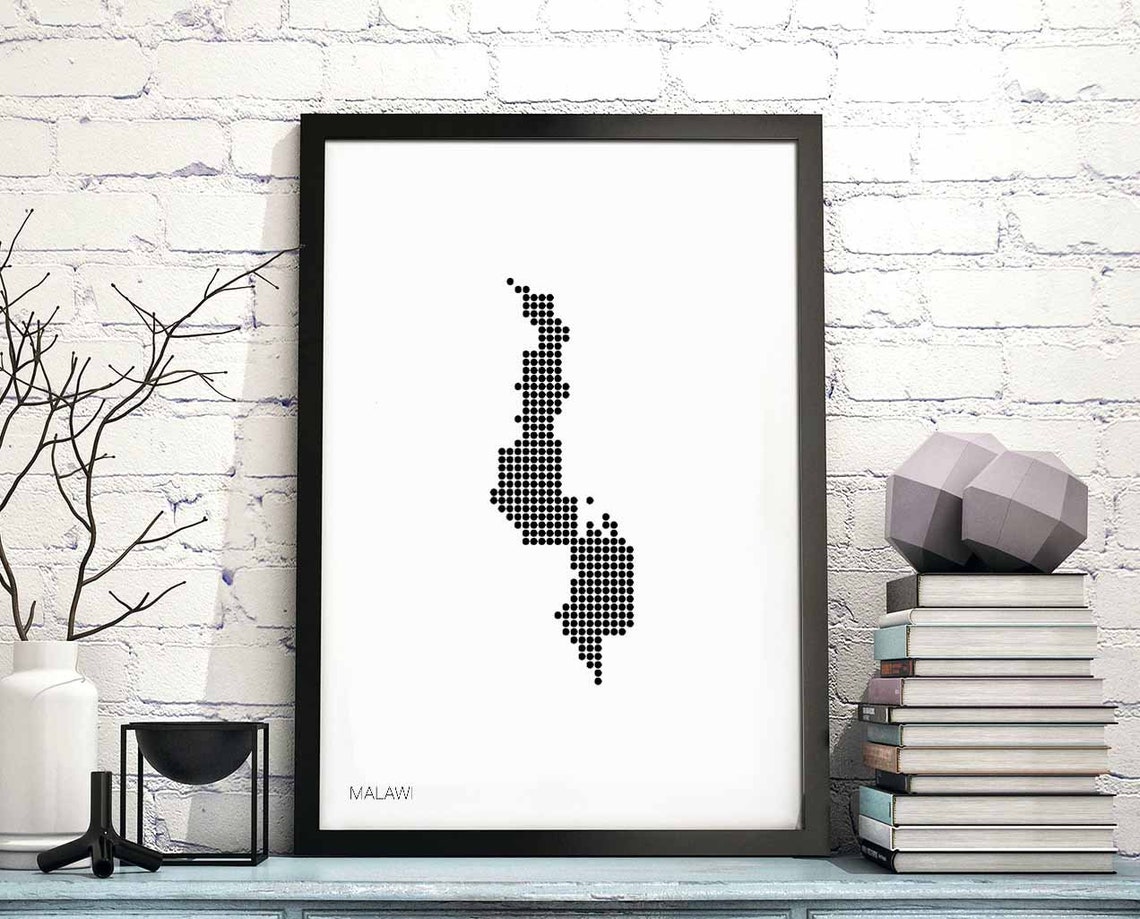 Malawi Dotted Grid Map Black and White Minimalist Wall Poster