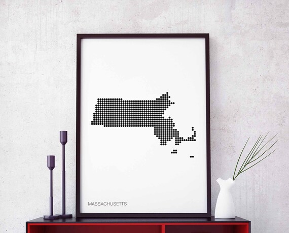 Massachusetts Us State Minimal Dots Retro Map Poster Black White Wall Decor Design Modern Swiss Scandinavian Nordic Housewarming Travel