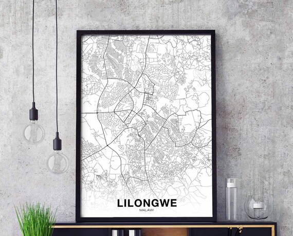 Lilongwe Malawi Map Poster Black White Hometown City Print Modern Home Decor Office Decoration Wall Art Dorm Bedroom Gift