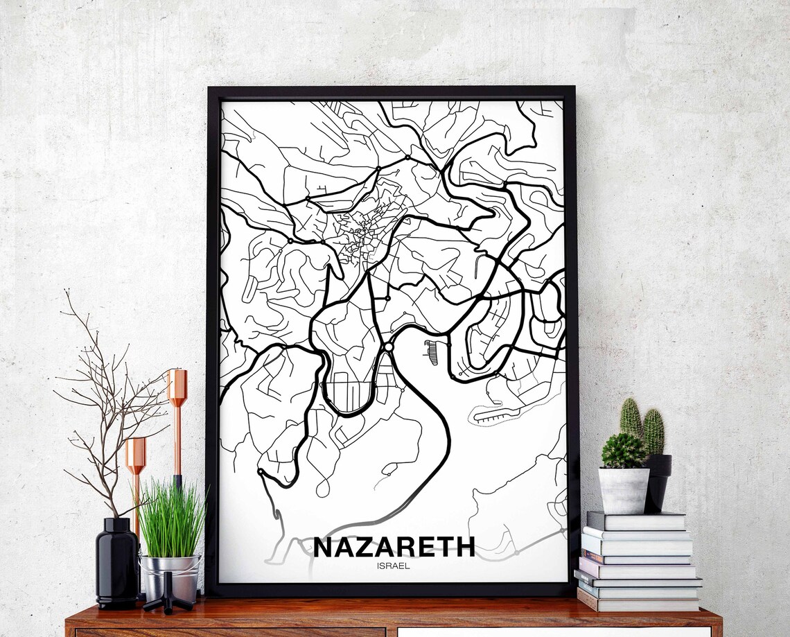 Nazareth Israel White Minimalist City Street Map Modern Art Poster