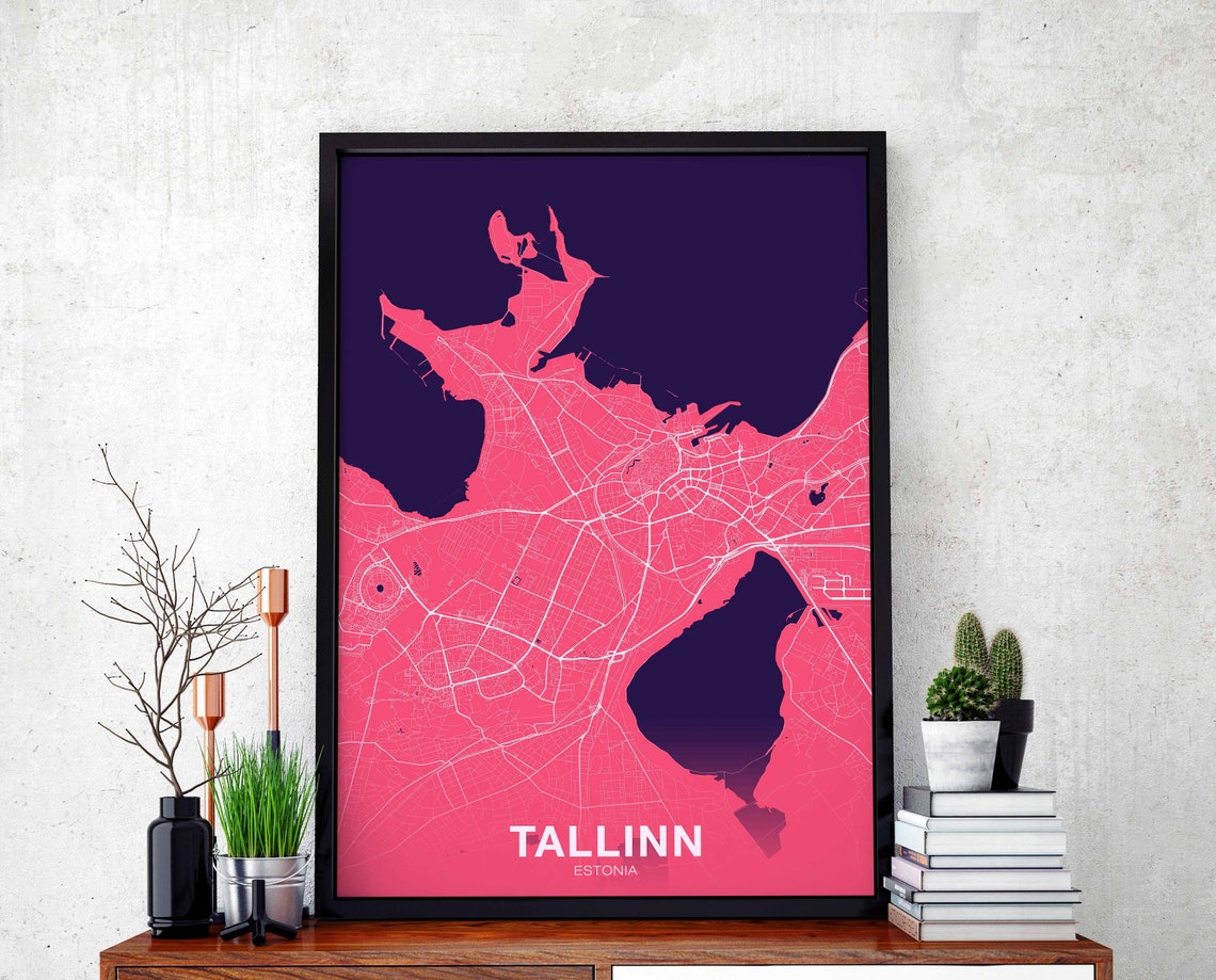 Tallinn Estonia Pink Navy Minimalist Street Map Hometown Decor Poster