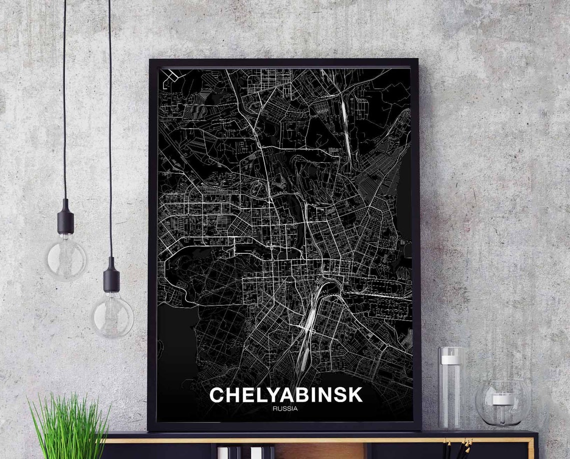 Chelyabinsk Russia City Map Poster Black And White Minimal Street Art