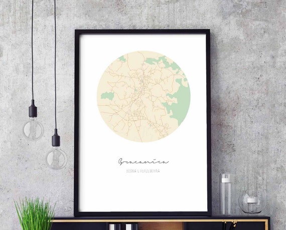 Gracanica Bosnia Herzegovina Map, Vintage Travel Poster