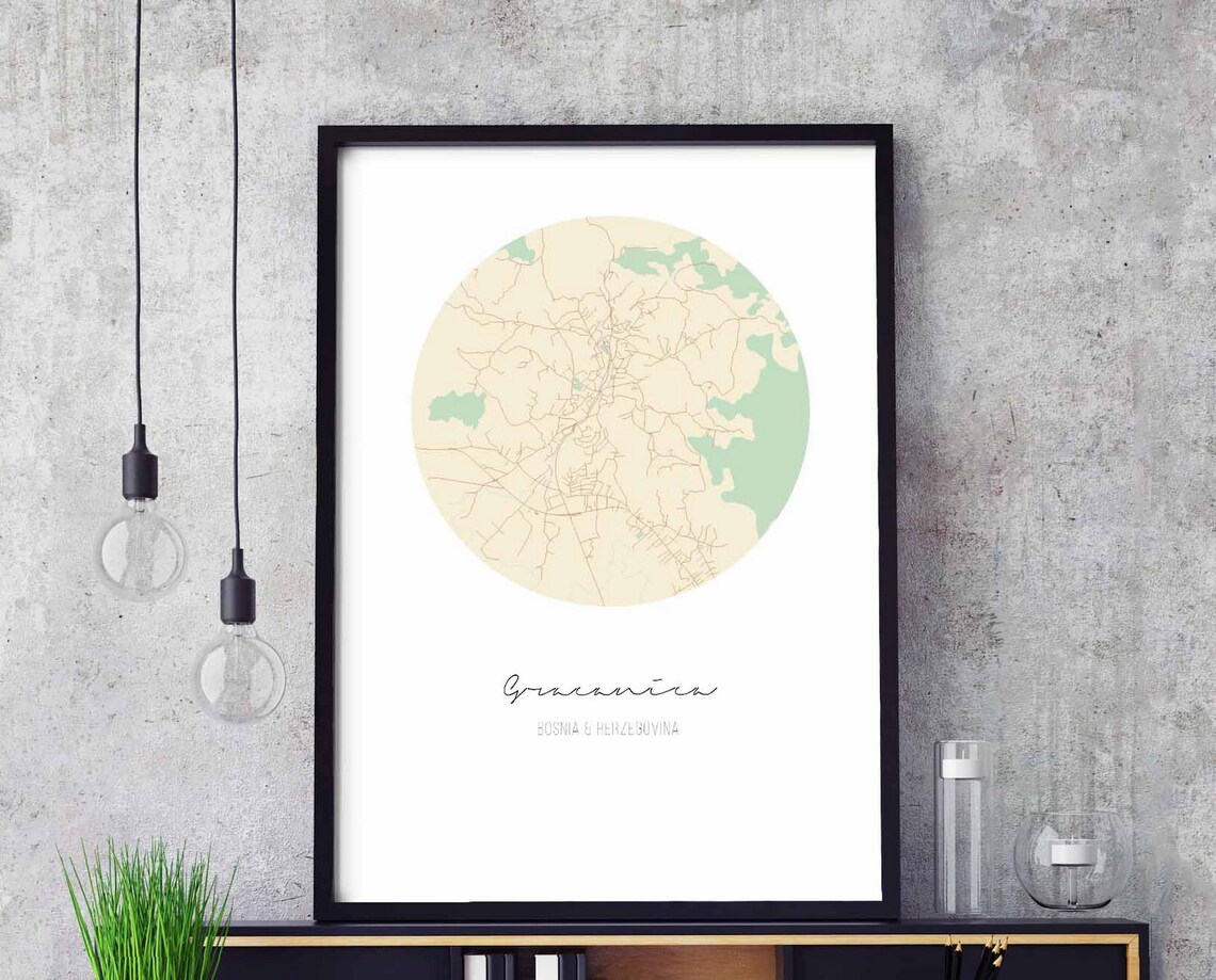 Gracanica Bosnia Herzegovina Map, Vintage Travel Poster