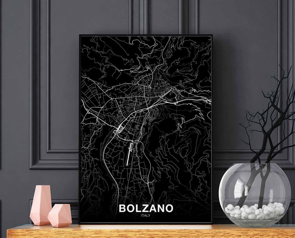 Bolzano Italy Map Poster Black Background Minimalist City Street Art