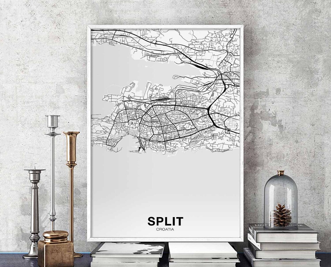 Split Croatia Black and White Minimalist City Map Wall Poster