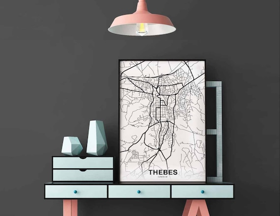 Thebes Greece Map Poster Black White Hometown City Print Modern Home Decor Office Decoration Wall Art Dorm Bedroom Gift