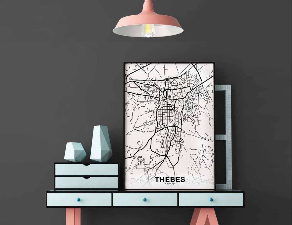 Thebes Greece City Map Black and White Minimalist Art Poster
