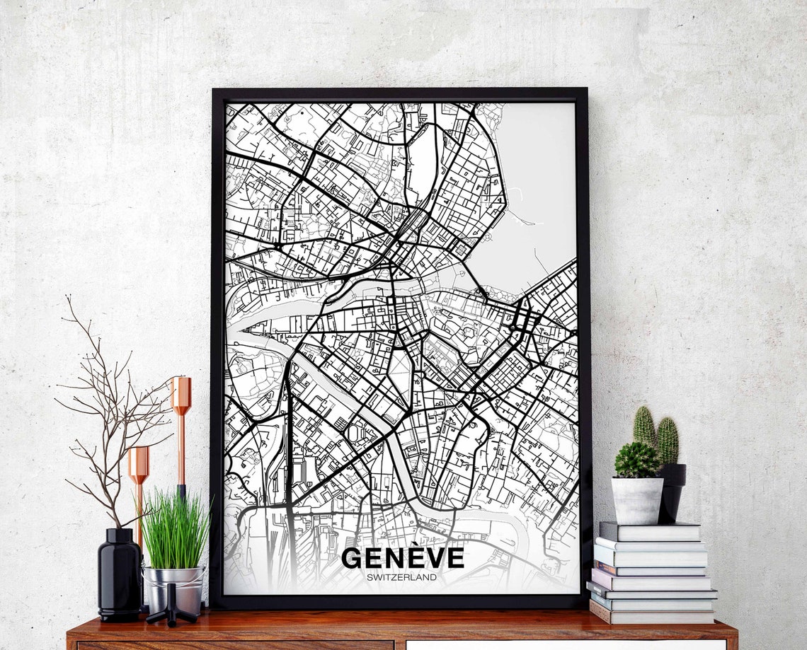 Genève Switzerland Street Map Minimalist Black White City Poster