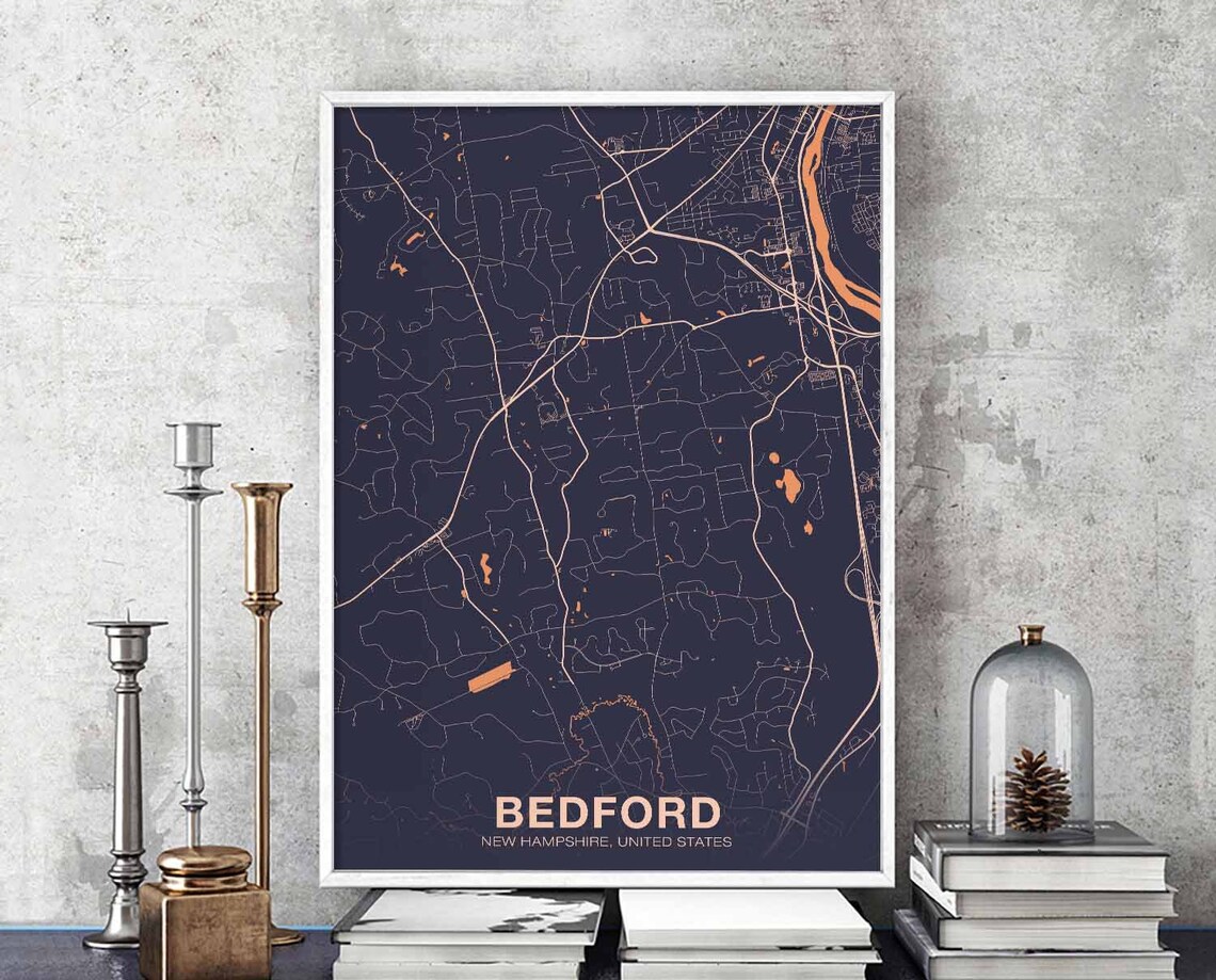 Bedford New Hampshire Minimalist Navy and Peach Street Map City Poster