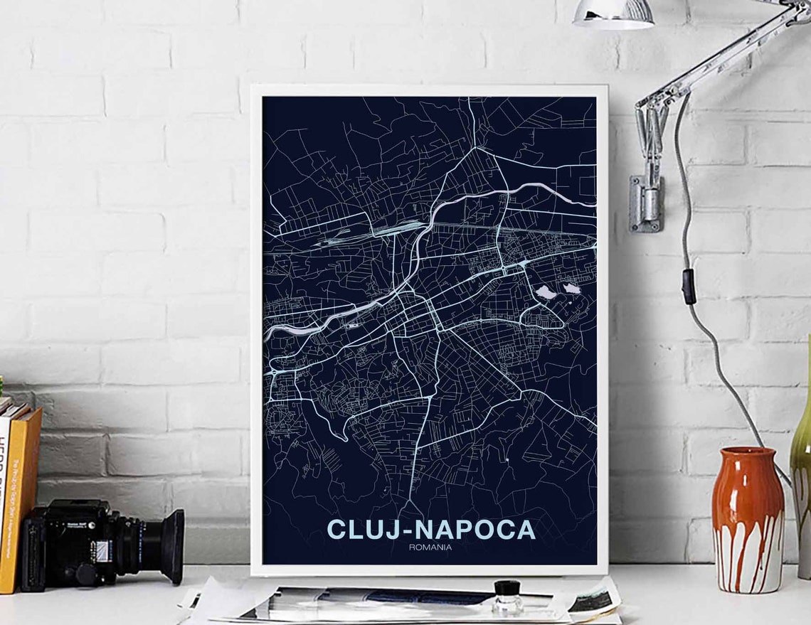 Cluj Napoca Romania Dark Navy Street Map Minimal Art Nostalgic Poster