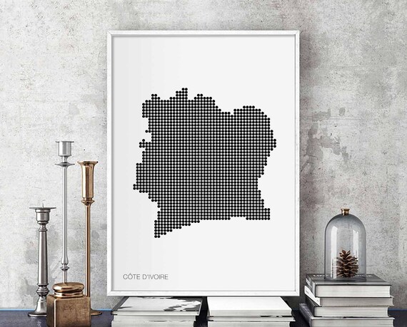 Ivory Coast Minimal Dots Retro Map Poster Black White Wall Decor Design Modern Swiss Scandinavian Nordic Housewarming Travel