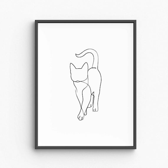 Walking Cat Single Line Drawing Cute Feline Pet Animal Minimalist Decor Poster