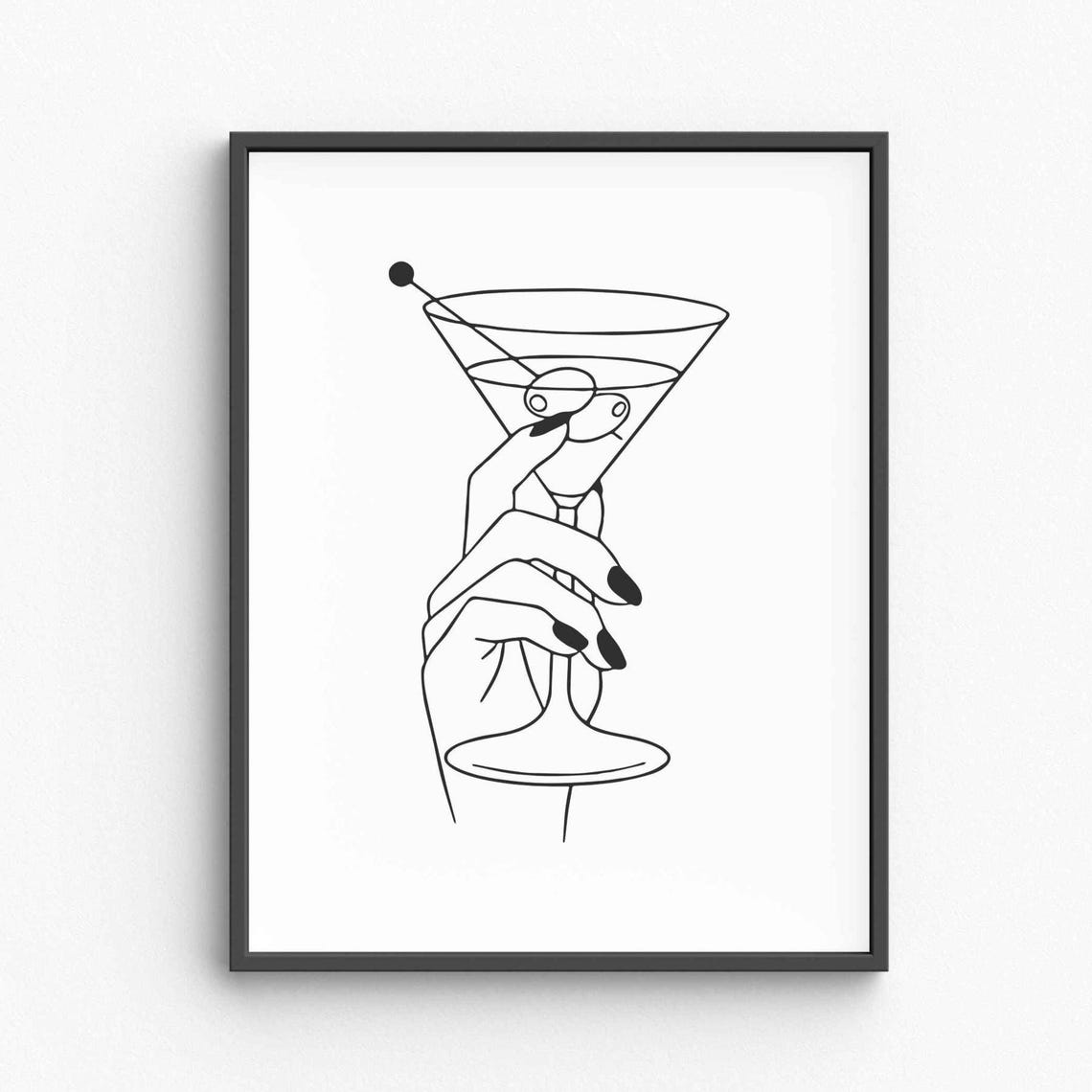 Hand Holding Martini Glass Olive Cocktail Chic Line Art Poster