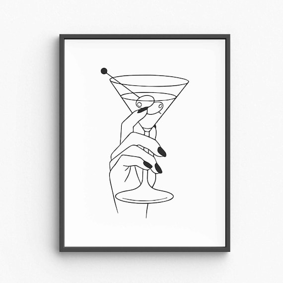Hand Holding Martini Glass Olive Cocktail Chic Line Art Poster