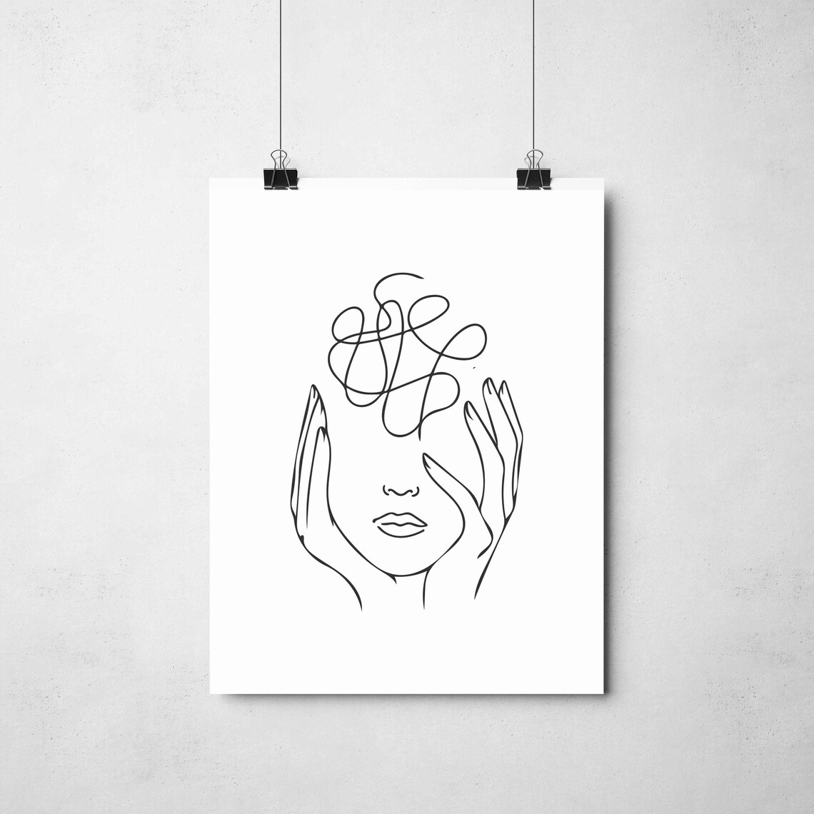 Woman Face Hands Line Art Abstract Emotional Portrait Drawing Poster - Image 4