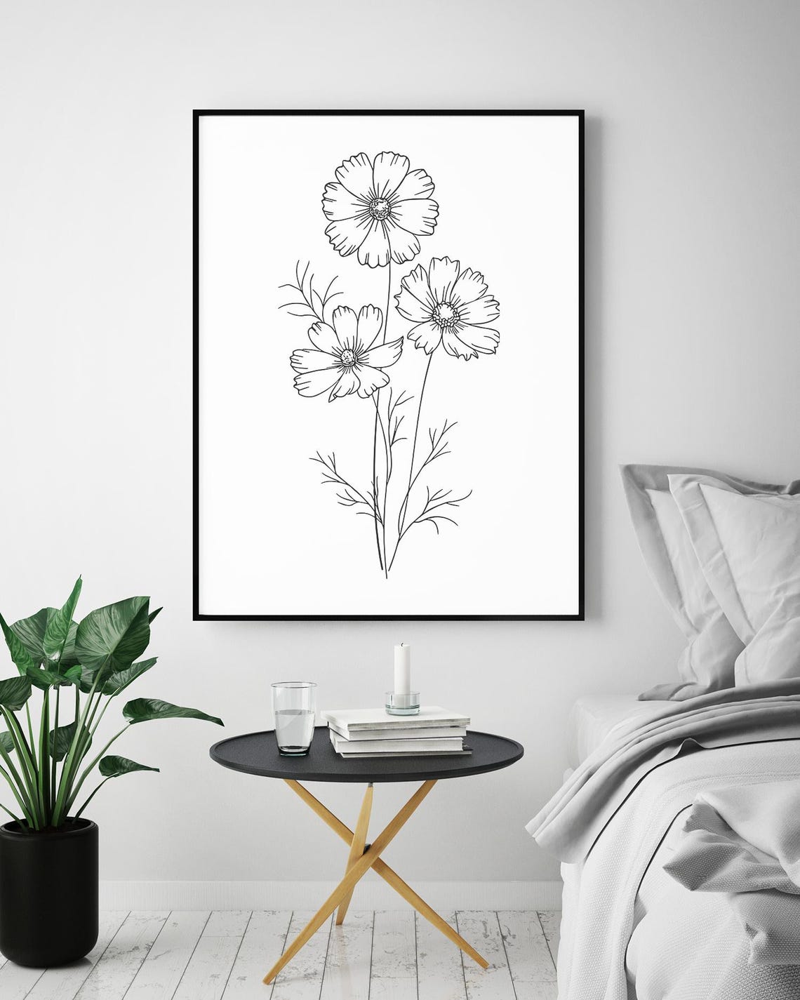Cosmos Flowers Line Art Delicate Botanical Floral Drawing Poster - Image 5