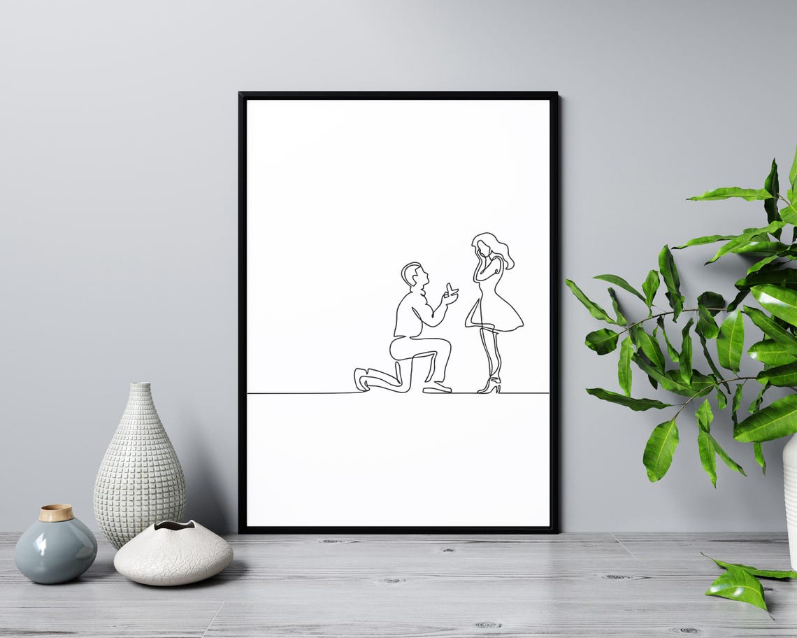 Marriage Proposal Line Art Romantic Couple Engagement Moment Poster - Image 3