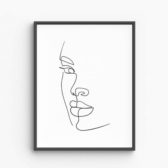 Minimalist Woman Face Line Art Feminine Portrait Drawing Black White Print Modern Wall Decor Illustration