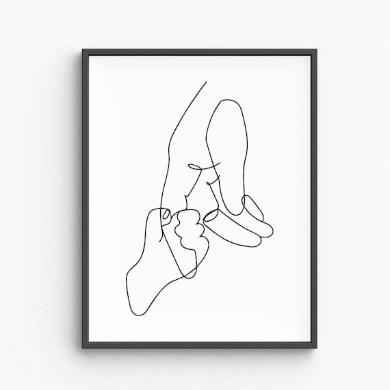 Minimalist Baby And Mom Line Art Holding Hands Drawing Motherhood Wall Print Black White Family Decor Poster