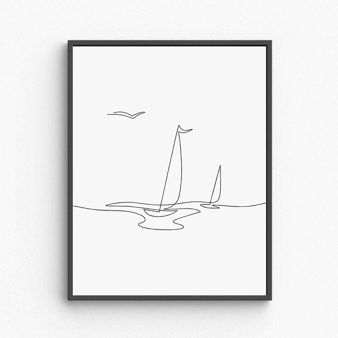 Sailboat Ocean Line Art Minimalist Seascape Sailing Scene Poster