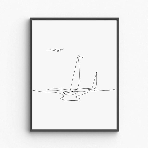 Sailboat Ocean Line Art Minimalist Seascape Sailing Scene Poster
