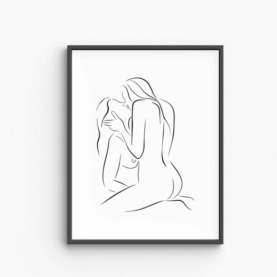 Lesbians Line Art Print Erotic Couple Adult Love Nudity Drawing Nude Bedroom Wall