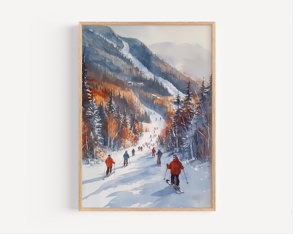 Whistler Ski Slope Winter Watercolor Mountain Skiers Painting Poster