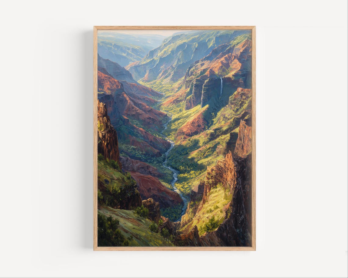 Waimea Canyon Oil Painting Red Cliffs Lush Valley Scenic Poster
