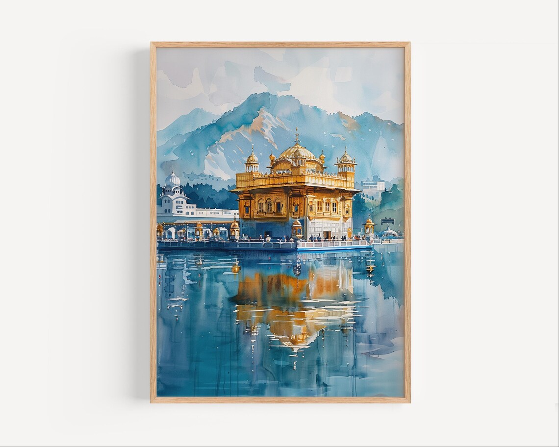 Golden Temple Amritsar Watercolor Painting Peaceful Reflection Wall Art