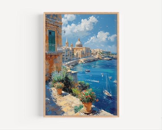 Valletta Malta Harbor Waterfront Summer Oil Painting Travel Poster