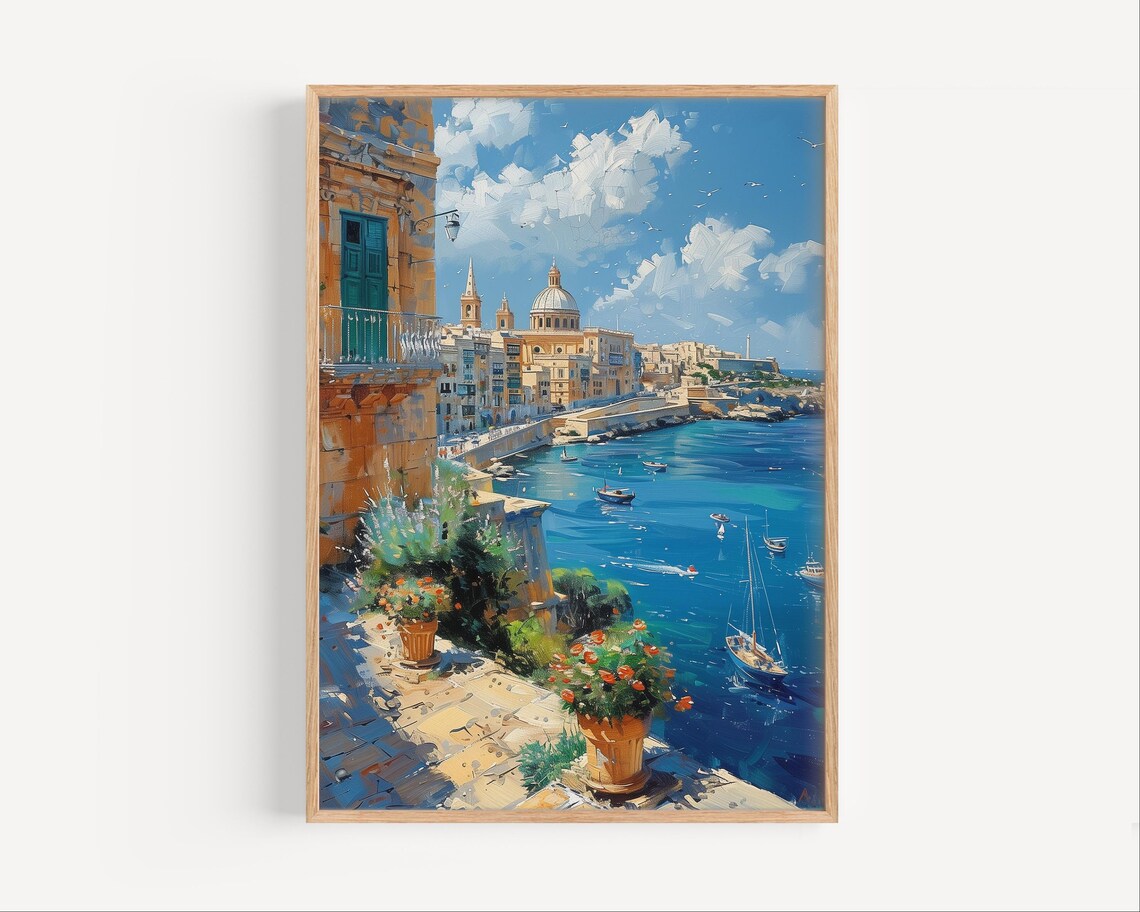 Valletta Malta Harbor Waterfront Summer Oil Painting Travel Poster